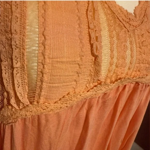 POL•V-Neck Sleeveless Cut Sew KnitLace Trim Solid Dress•Peach Coral - Picture 6 of 6